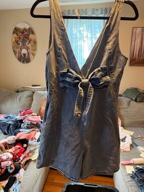 Denim Tie-Front Romper Dress in Washed Blue